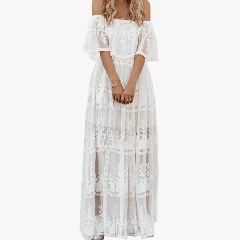 White Lace Off Shoulder Lace Maxi Dress Boho Size L - Picture 1 of 9